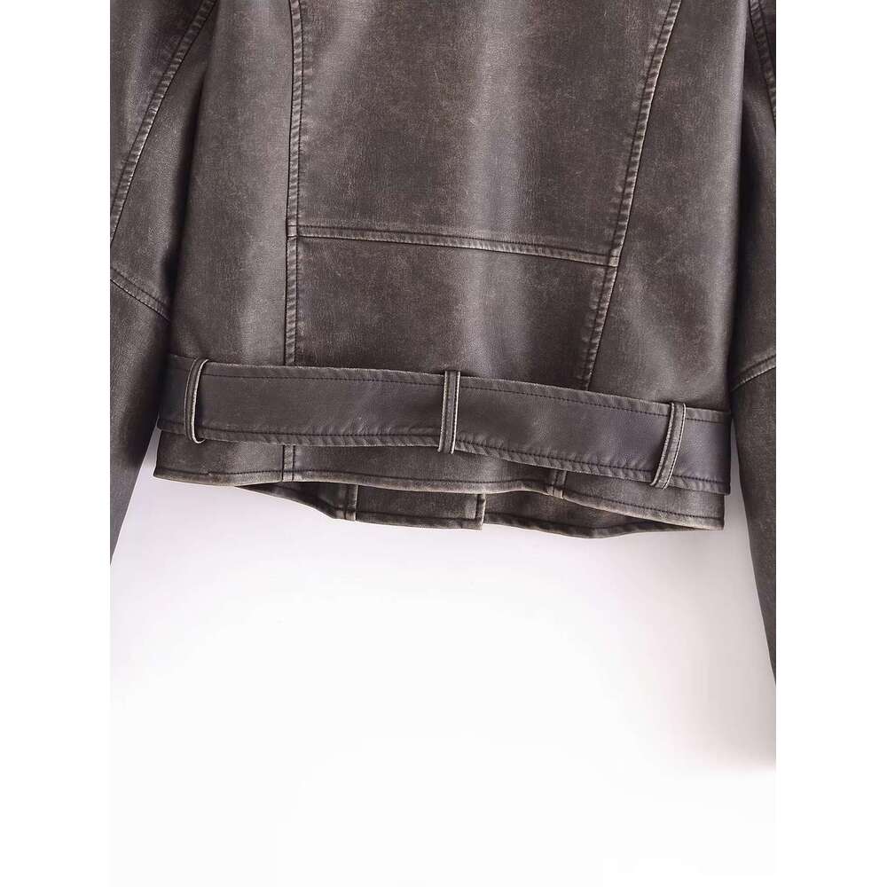 American Cool Spicy Girl Style Lapel Motorcycle Autumn Washed And Distressed Leather Jacket For Women