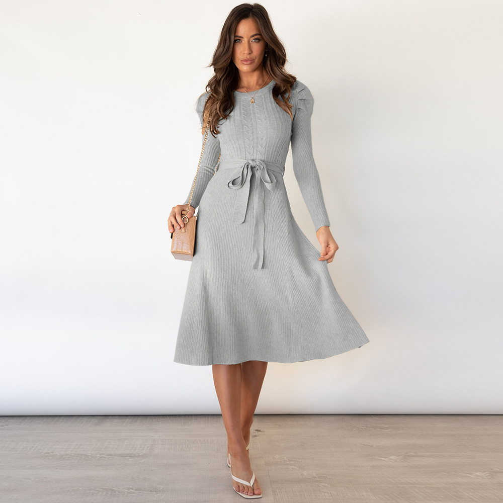 Autumn and winter new bubble long sleeved knitted dress, mid to long, elegant and slim fit designer, high waisted flared dress, base sweater dress