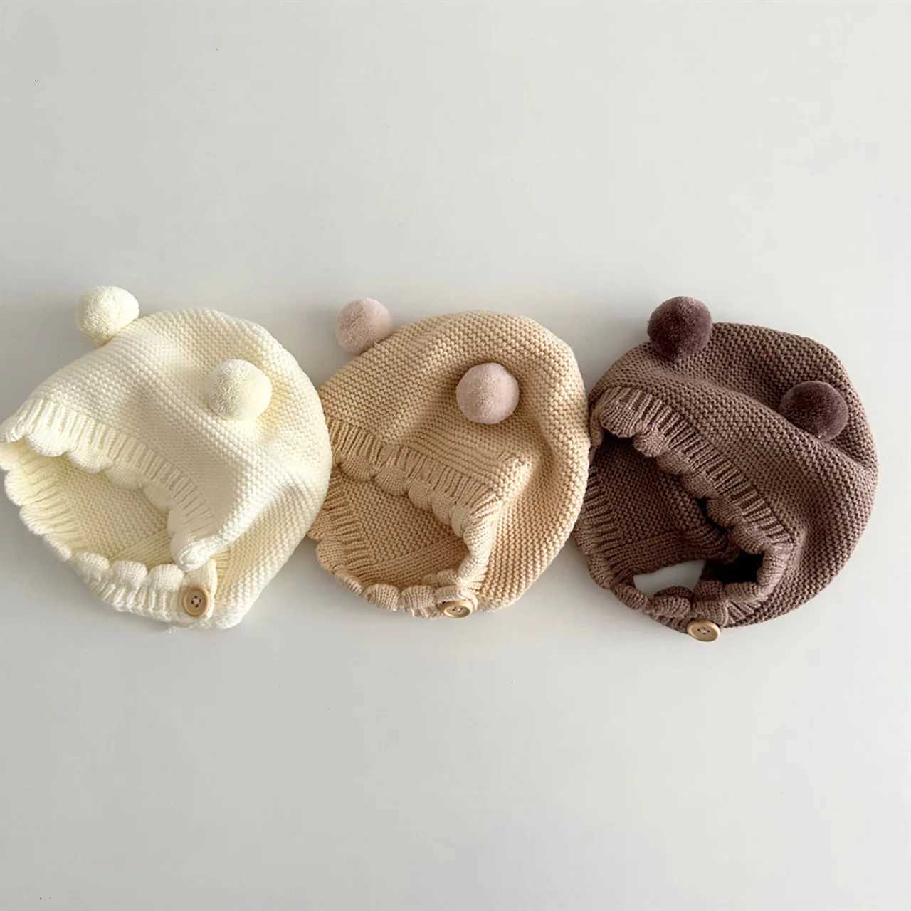 Cute Pompom Beanie Winter Warm Baby Knitted Hat 06Month Newborn Ear Protection Headgear Kids Solid Color Woolen Crochet BonnetL251024