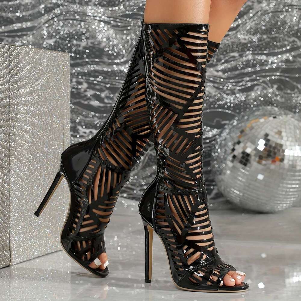 Women's Stylish Hollow Out Boots, Back Zipper Breathable Dressy High Heels, Slim Comfort Point Toe Party Boots