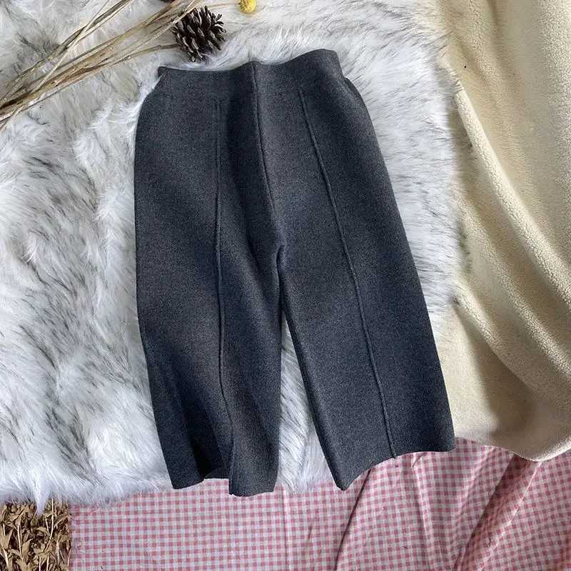 Kids Girls Knitted Casual Pants Loose Autumn Winter Outwear Trousers Black Gray Apricot Wide Leg Pants 2024 New Korean StyleT251024