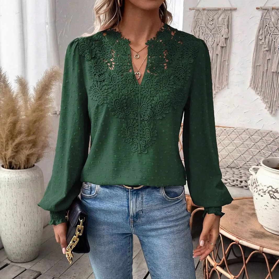 2025 Autumn Winter New Fashion V-neck Lace Solid Color Long Sleeve Casual T-shirt for Women