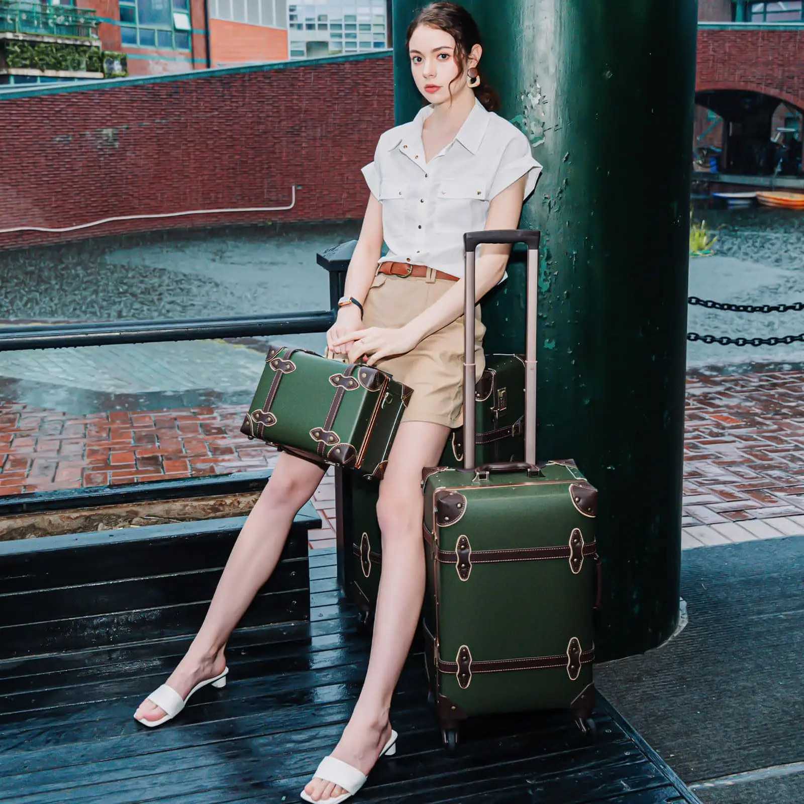 urecity Vintage Luggage Set 3 Piece Retro trolley luggage bagTravel Luggage with Spinner Wheels and Beauty Case Army GreenW251024