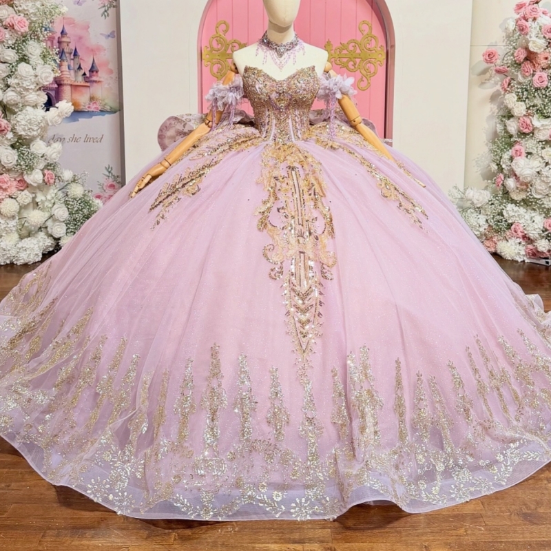 Pink Shiny Quinceanera Dresses Ball Gown Off The Shoulder Sequin Applique Lace Beading Crystal Bow Tull Party Birthday Sweet 16 Dress