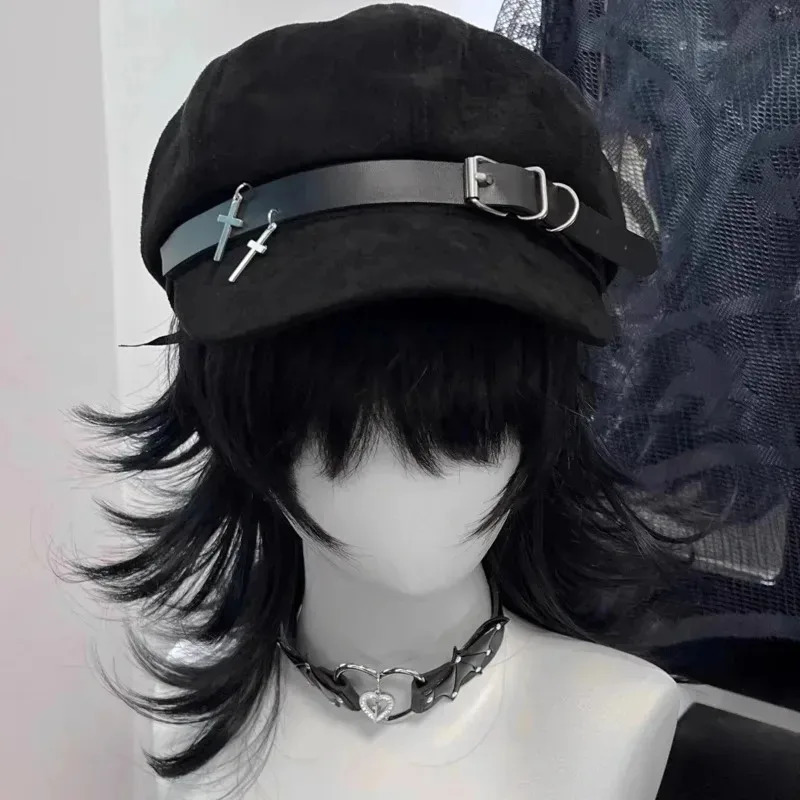 Y2K Punk Leather Beret Gothic Cross sboy Cap British Style Adjustable Cap Unisex Subculture Painter Hat Retro 251021