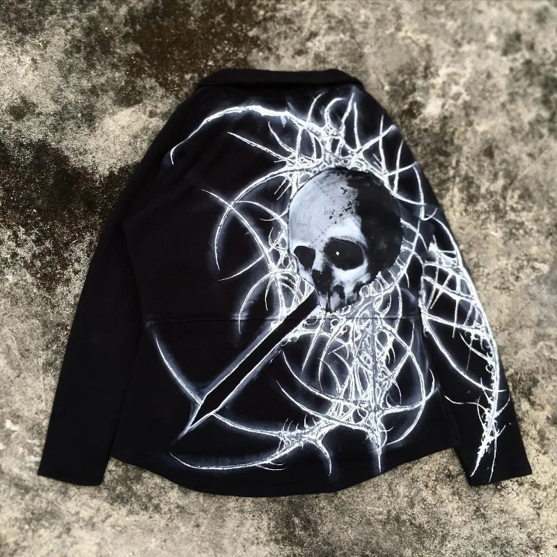 Trendy Harajuku Dark Fashion Loose Zipper Tshirt Men Y2k American Retro Anime Print Oversized Cardigan Women 251018