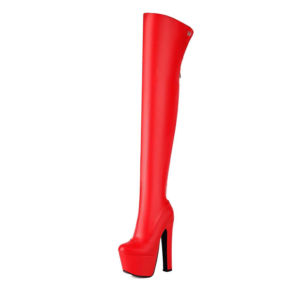 Women's Over-The-Knee Boots 2024 Fall Winter Collection Solid Color, Super High Heel, Round Toe, Faux Leather, Zipper Closure, Plush Liner, Non-W