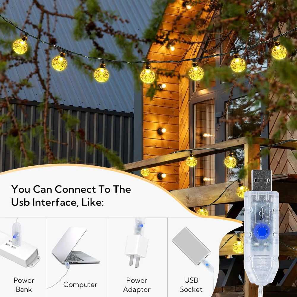 USB Crystal Globe String Lights Outdoor IP65 Waterproof Light Fairy Light 8Mode Remote Christmas Garland for Garden Party Decor C251024