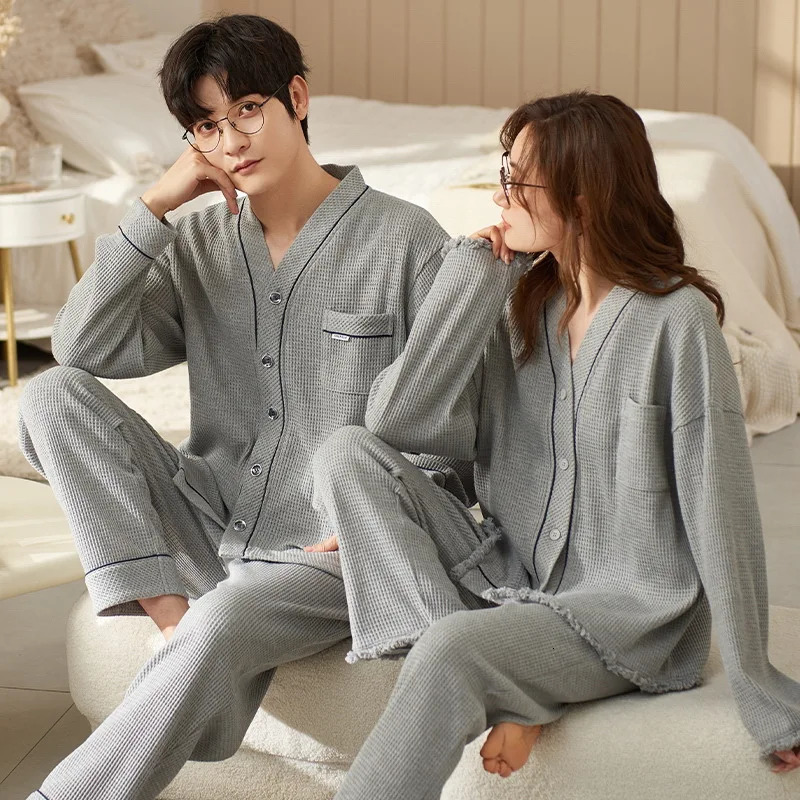 Autumn Couple Pijamas Set For Men Women Cotton Kimono Homewear Man Pjs Female Pijamas Suit Pyjamas Home Clothes Drop Ship 251021