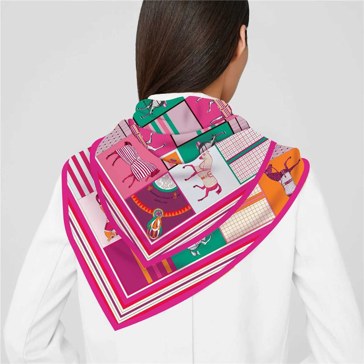 90cm Classic Checkered Horse Brand Square Scarf Women Twill Silk Scarf Shawl Hijab Luxury Bandana Foulard Neckerchief Head Scarf C251024