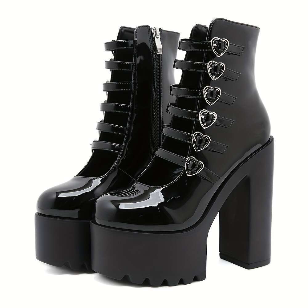 Women's Black Mary Jane High Heels With Heart Laces - Stylish, All-Season, Round Toe, Block Boots, Rubber Sole, Polyurethane Upper, Inner & Insol