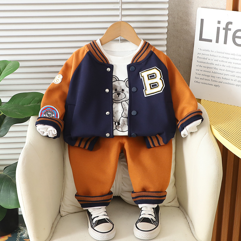 Fashion 2025 Boys Baseball Outfit 3-Piece Set, Color-Blocked Jacket with Pants, Spring Autumn Clothes for Toddlers 1-3 Years Free Shipping