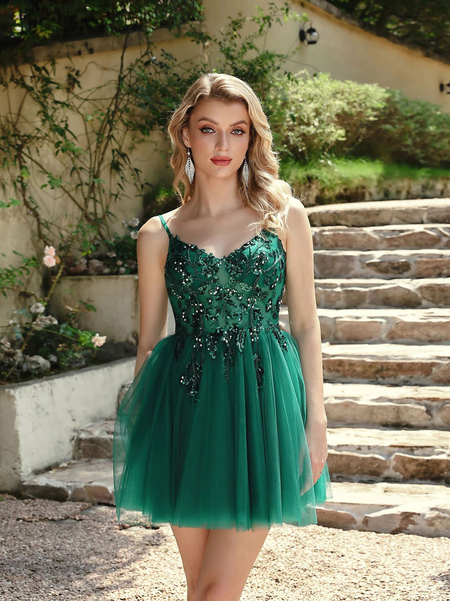 Sexy Fashion Green Short Prom Party Dresses V-neck Straps Backless Squins Tulle Evening Christmas Gowns Birthday Robe De Soriee