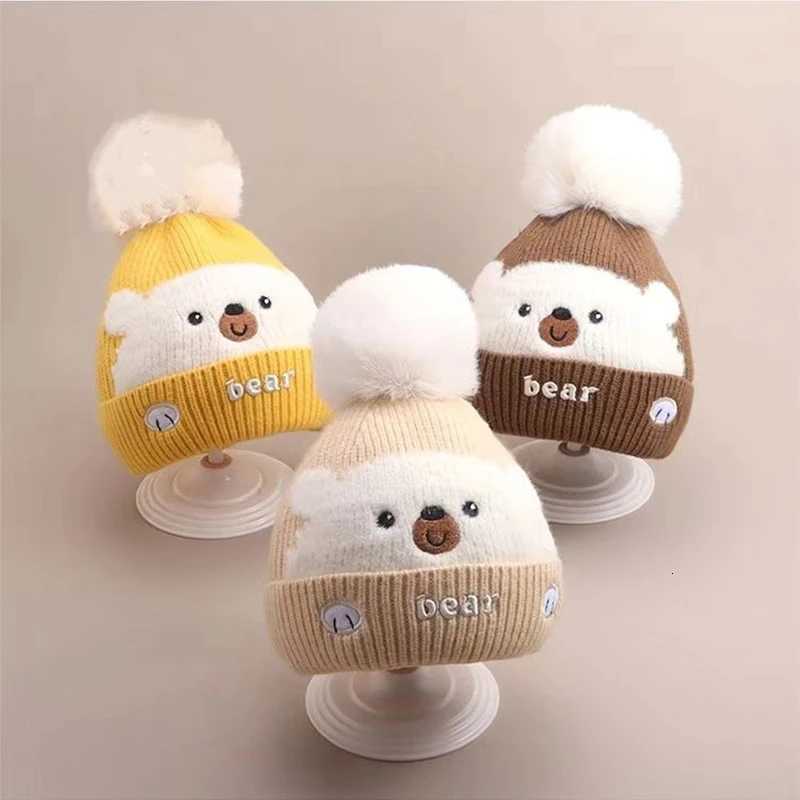 Cute Plush Ball Baby Woolen Hat Cartoon Bear Kids Ear Protection Cap 02year Children Winter Warm Pullover Cap Knitted BeaniesL251024