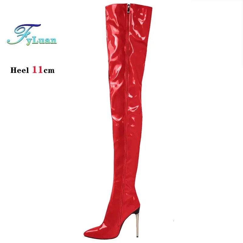 Plus Size 45 47 Women Stripper Heels 11CM Stiletto Sexy Pointed toe Red Long Shoes Club Party Over The Knee Thigh High Boots 251023