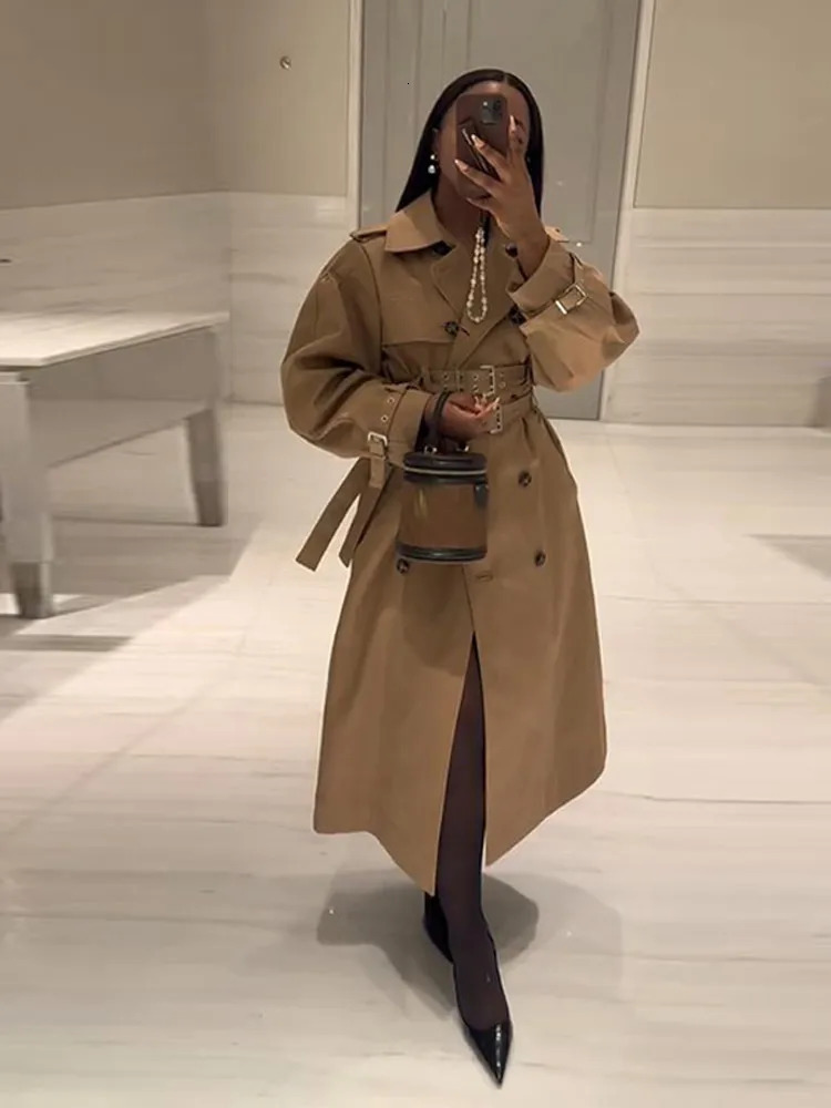 Elegant Double Belt Women Windbreaker Casual Khaki Long Sleeve Lapel Button Female Jacket Autumn Winter Lady Streetwear 251021