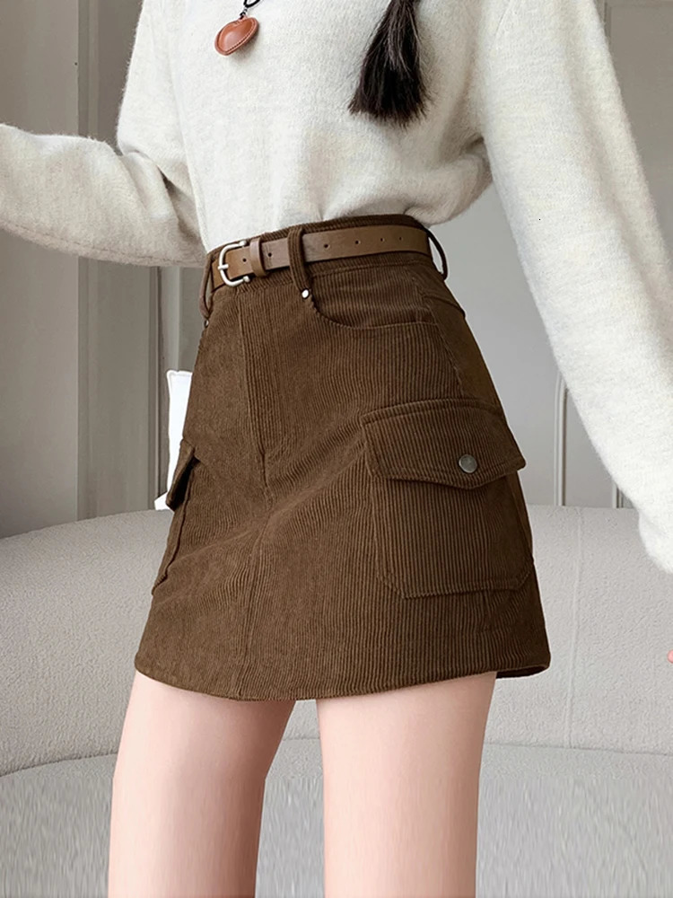 Vintage Winter Mini Corduroy Skirt Women Streetwear Y2K Bodycon Cargo Skirts With Shorts Belt Brown Black Short Woman 251017