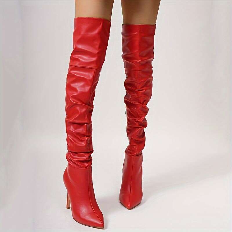 Mei Oi Women's Red Pointed Toe Stiletto Heel Over-The-Knee - Winter Motorcycle Ankle Boots With Zipper Closure, Ultra-Faux Cover & Rubber Sole Fo