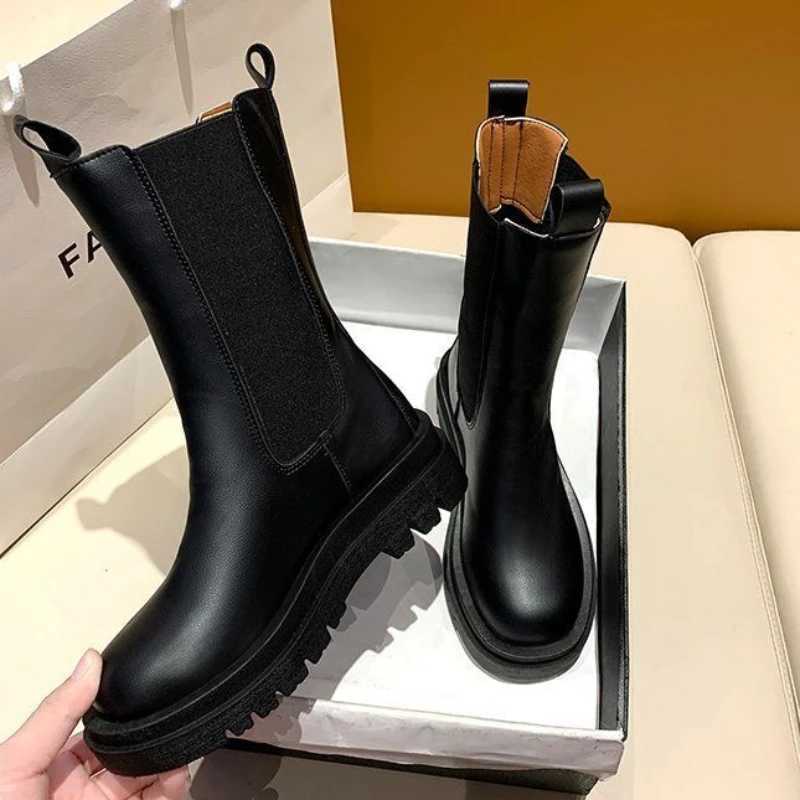 Black Ladies Boots Elegant with Low Heels Shoes for Women Chelsea Mid Calf Half High Footwear Spring Autumn Sale Quality 2025 Pu W251024
