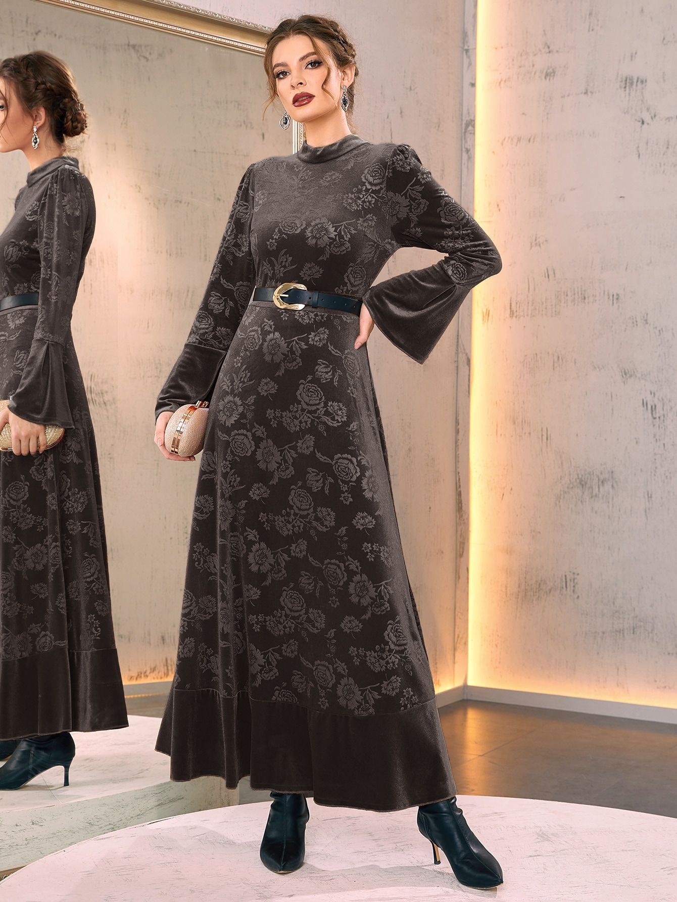 Designer Fashion Autumn/Winter New Style European and American Women's Elegant Silk Fleece Lace Long Sleeve Dress
