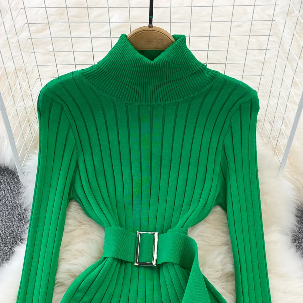 YuooMuoo Ins Turtleneck Sexy Wrap Hips Knitted Dresses Women 2025 Autumn Winter Long Sleeve Bodycon Sweater Dress with Belt 251023