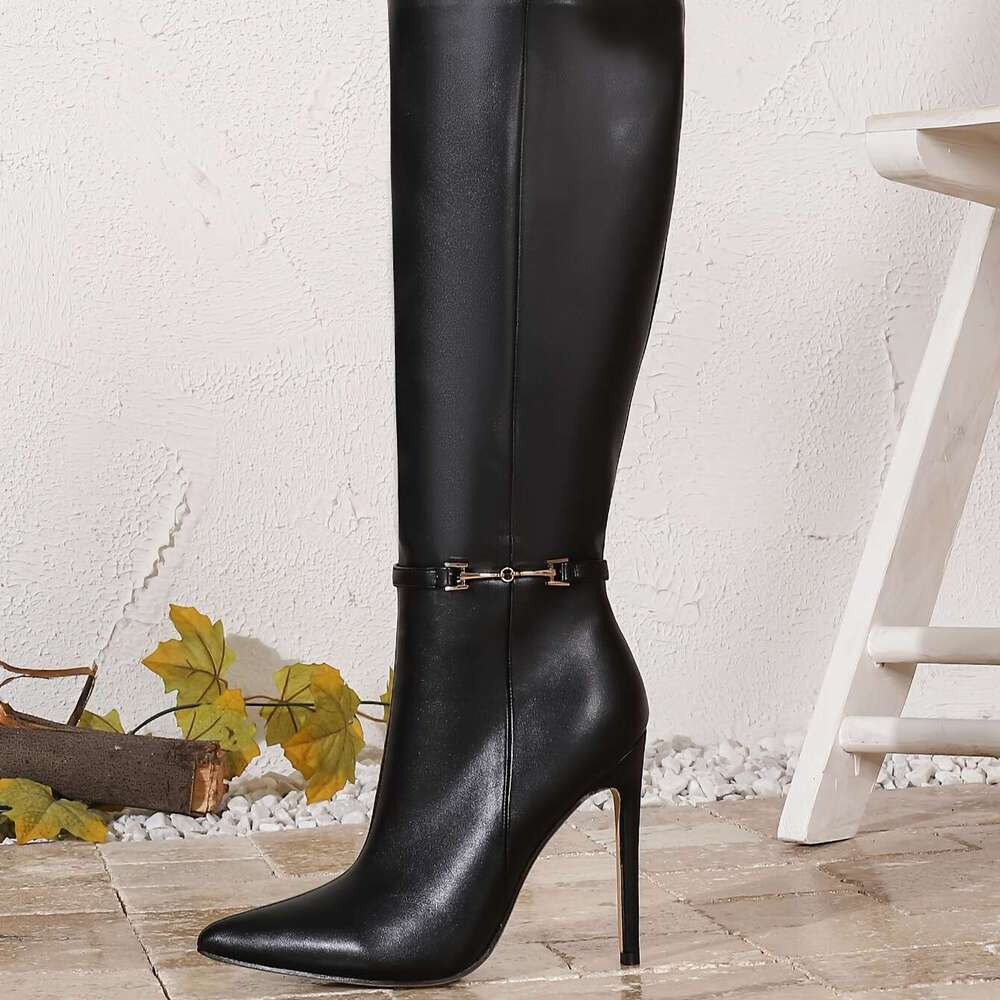 Women's Black High-Heel Knee-High - Stylish Pointed Toe, Closure, Synthetic, Ultra High Heel, Fashionable For Parties And Events, Formal Footwear