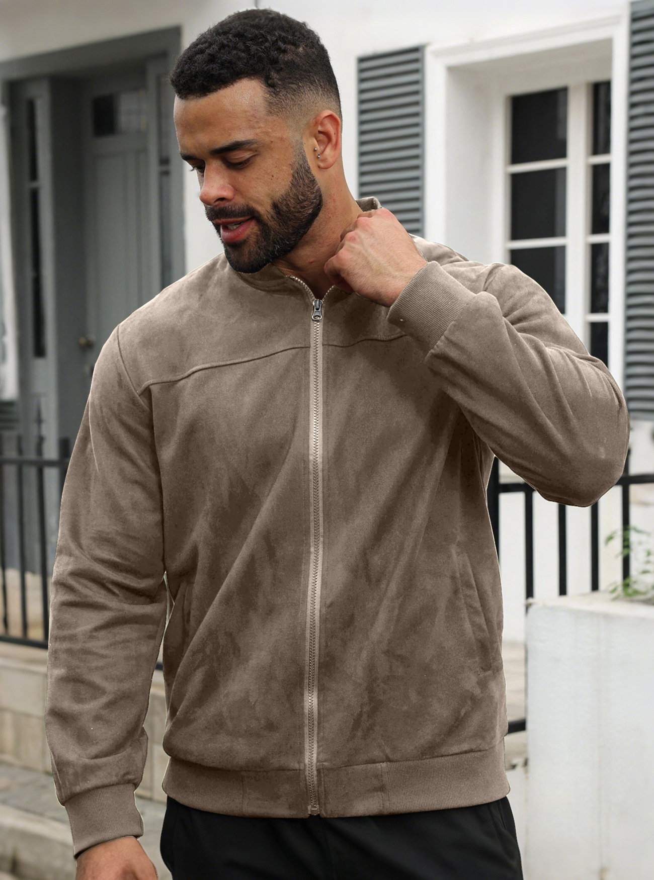 25 European And American Cross-border Autumn Men's Suede Flight Jacket Solid Color Zipper Cardigan Designer Hoodie Jacket Tracksuit Men Polo Vest