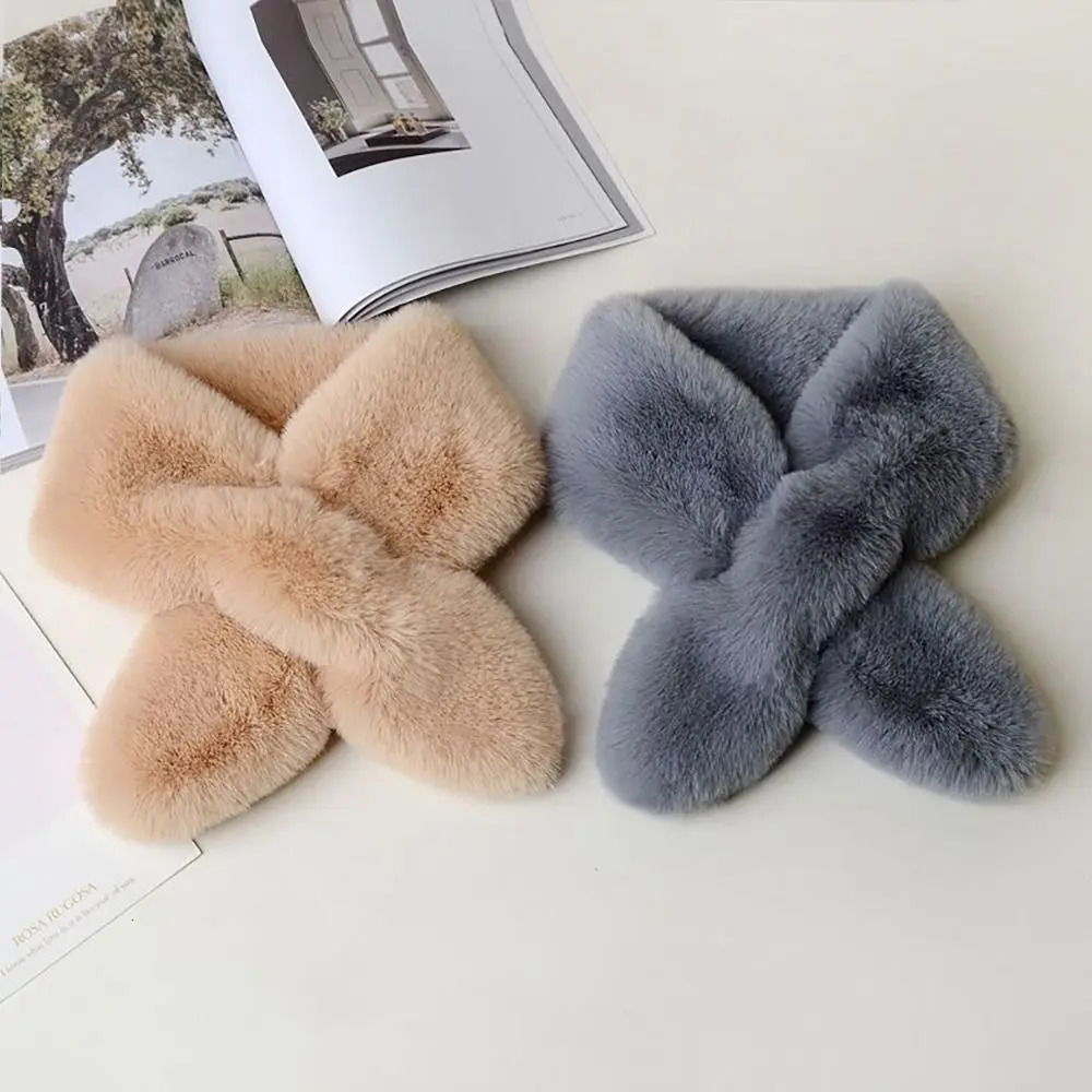 Cute Solid Color Cross Scarf Faux Rabbit Fur Thicken Neck Scarf Neckerchief Wrap Women 251020