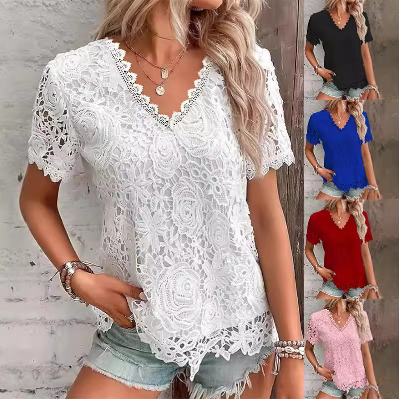 2025 New Women's Fashion Top T-Shirt Lace Trim Short Sleeve