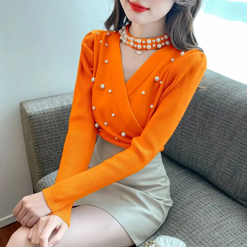 Ladies Fashion Allmatch Irregular Knitting Vneck Pullovers Autumn Winter Fashionable Embroidered Flares Hollow Out Sweater 251020