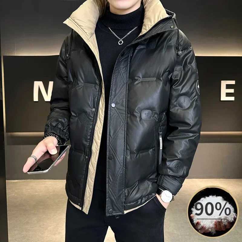 Winter White Duck Down Jacket Mens Light Luxury Trendy Leather Windproof Warm Down Jacket Men Brand Clothes Casual Hooded Coat Z251024
