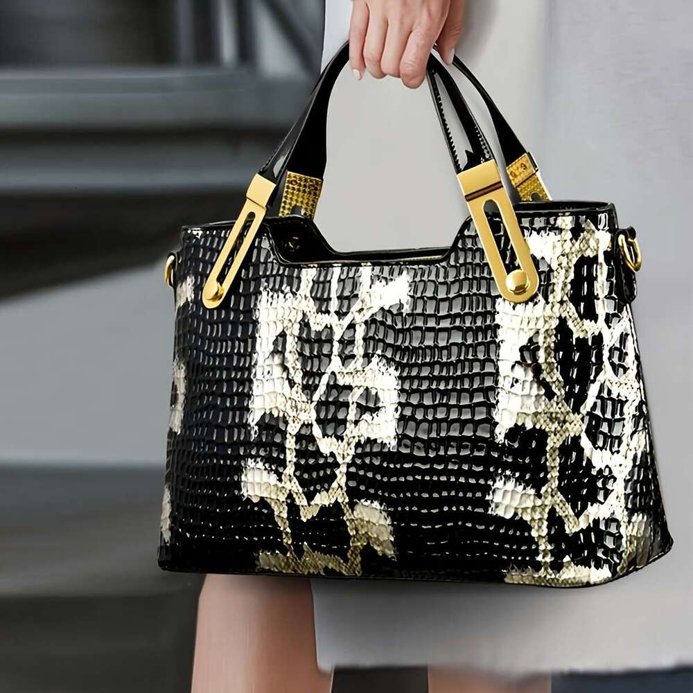 Vintage Set 2025 Fashion Tote And Set | Vintage Geometric Pattern, Snake Design Elements, Large Capacity, Zipper Closure, Polyester Lined, Edge Painte