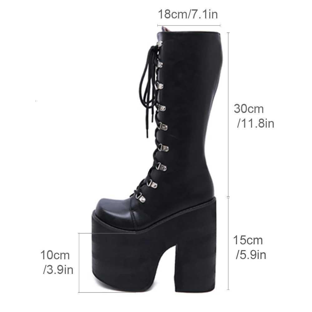 Gdgydh Womens Y2K Side Zipper Platform Boots Knee High Motorcycle Boots Black Closed Toe Lace Up Long Boots W251024