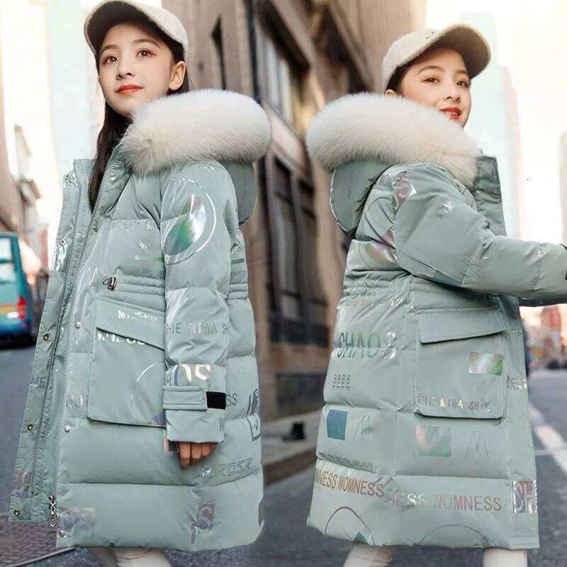 Girls Thickened Coat Winter Warm Long-Length Jackets Children's Plush-Collared Hooded Outerwear New Kids Wash-Free Cotton Clothe