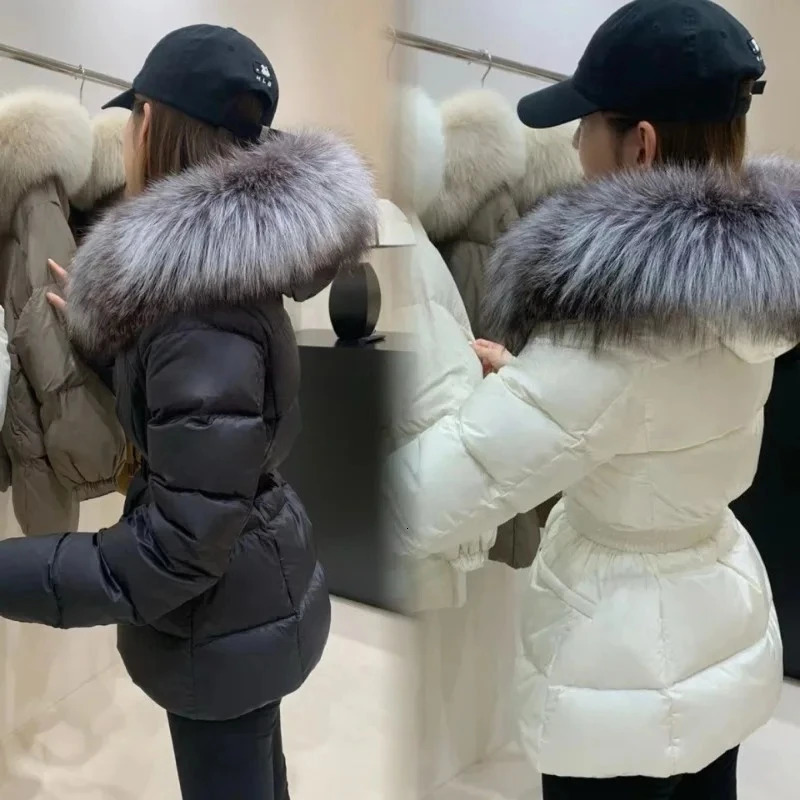 Womens Models Fall Winter Tops Coat Down Jacket Hooded Waisted Fox Fur Collar White Duck Down Innerwear Round Collar Warm Soft 251024