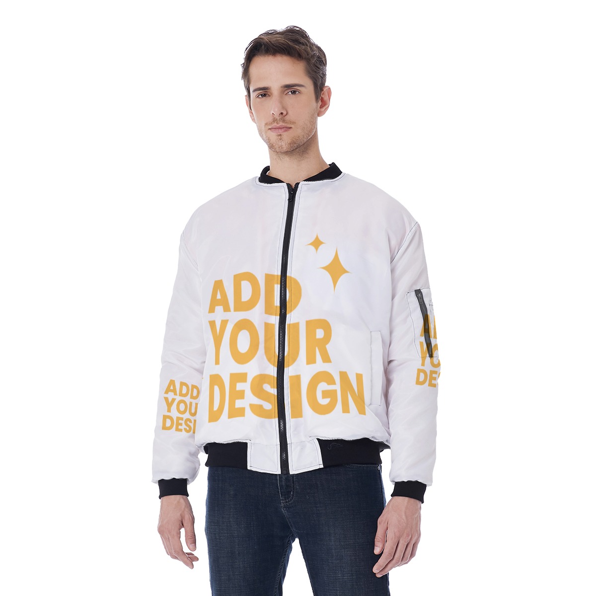 DHgatepod Men's Sleeve Pocket Bomber Jacket - All-Over Print Twill Weave Aviator Coat with Orange Lining & Zipper Detail