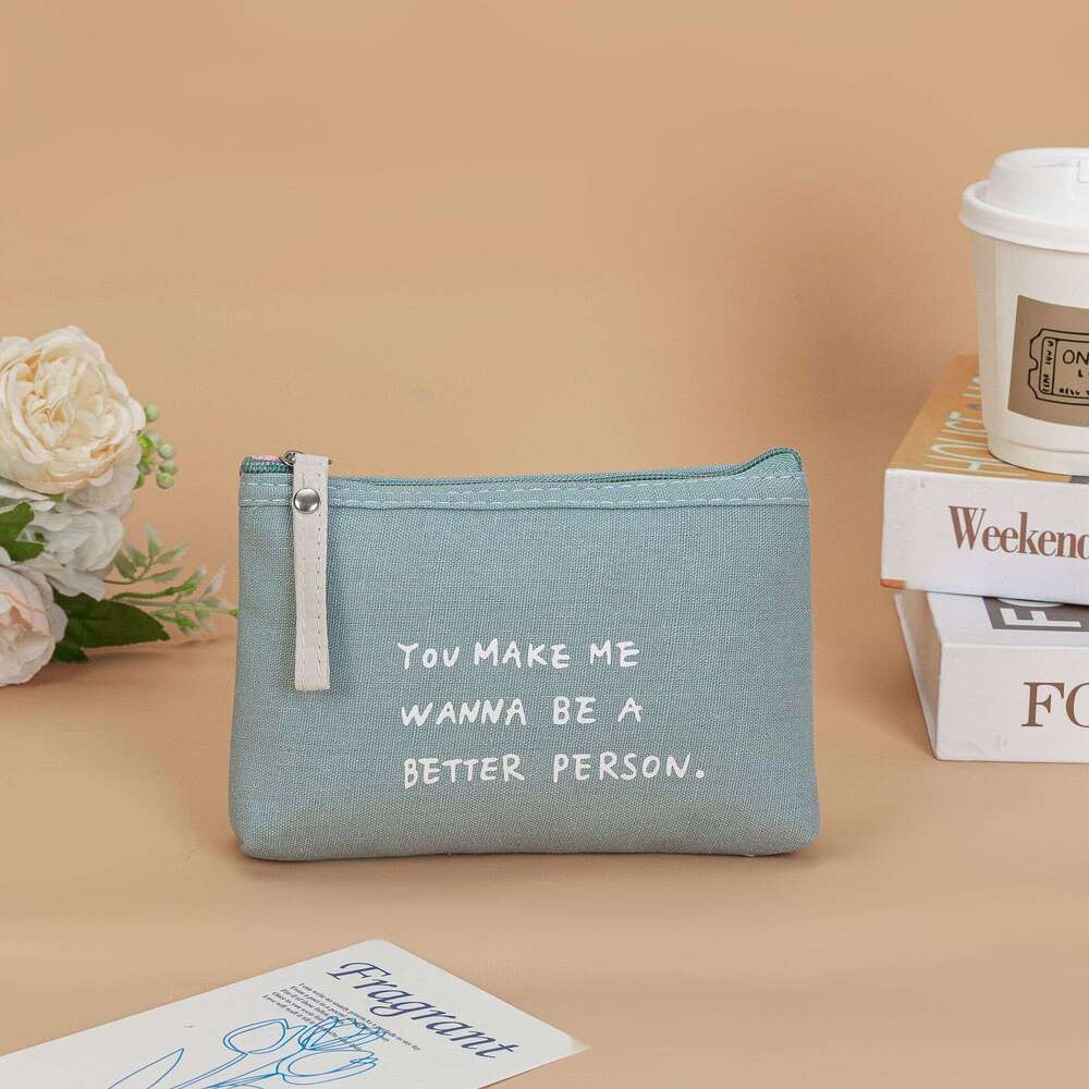 Solid Color Letter Canvas Makeup Bag Multifunctional Fabric Zipper Clutch Student Coin ID Phone Pouch