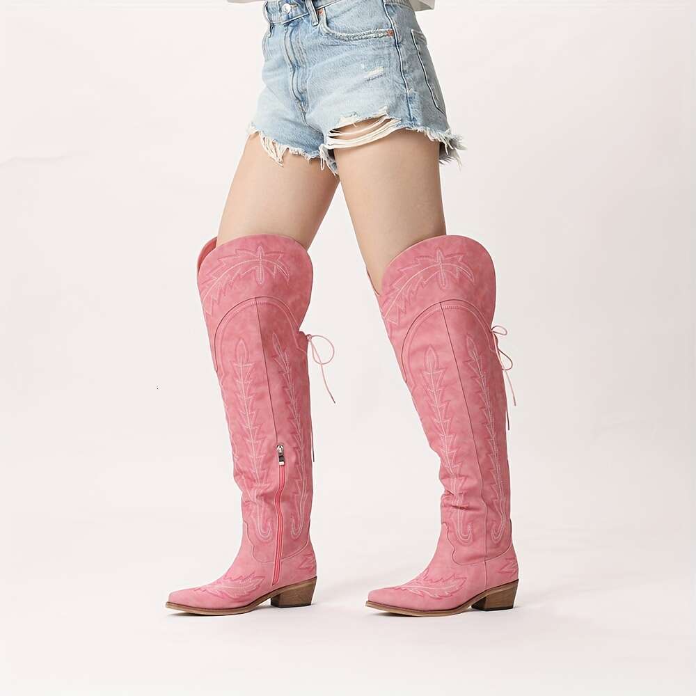 Women's Western Cowgirl Thigh-High Cowboy - Embroidered Chunky Heel With Back Lace-Up, Side Zipper & Studded Detailing, Pointed Toe Faux Cover Bo