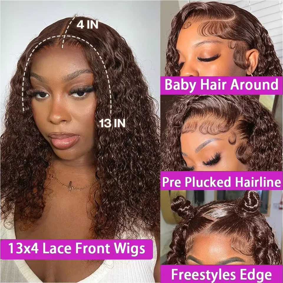 Deep Wave 4 Brown Water Wave Human Hair Bob Wigs 134 Lace Frontal Wigs Human Hair Short Wig Transparent Lace Human Hair Wig W251023