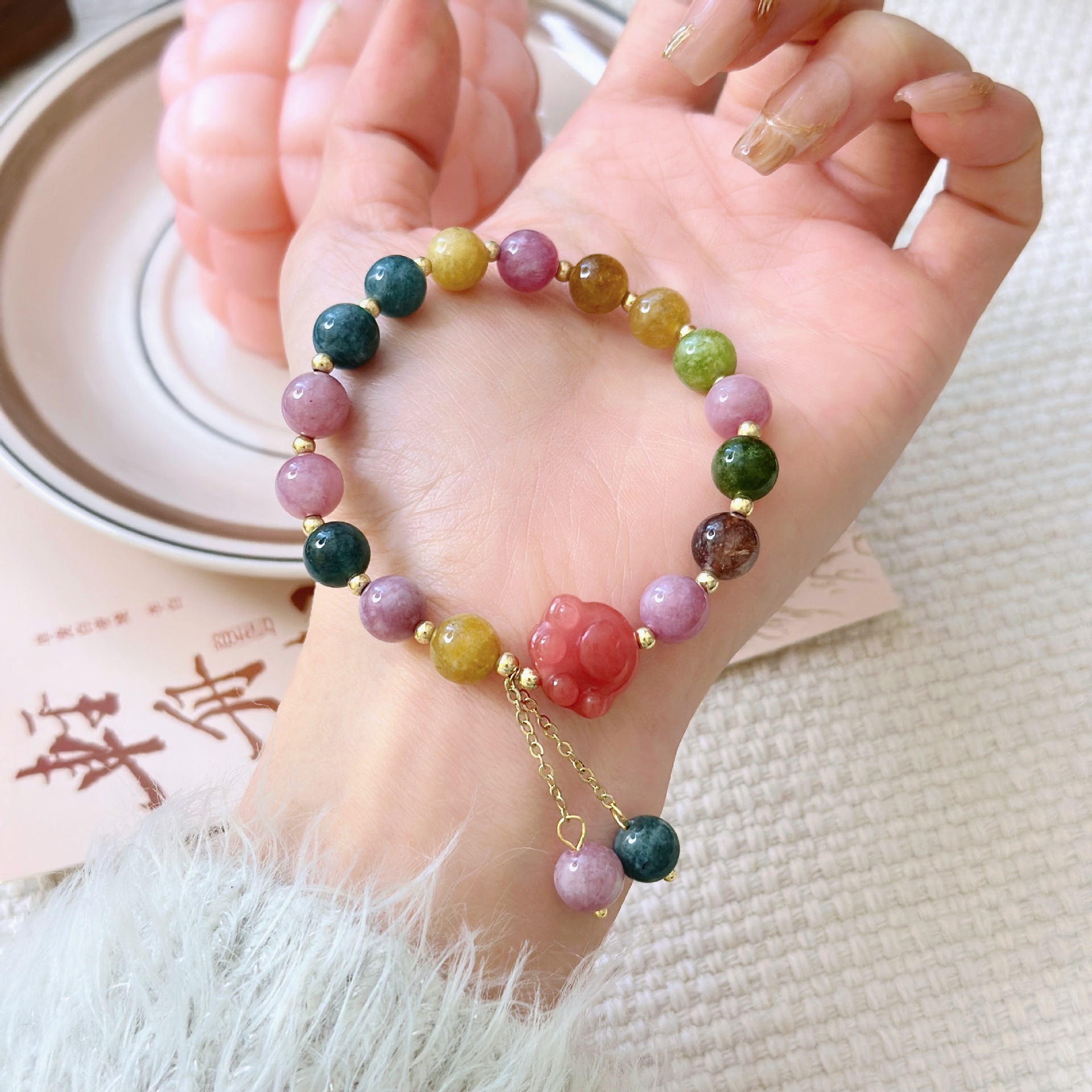 Natural Strawberry Quartz Cat Claw Bracelet - Single Strand Tourmaline Beads
