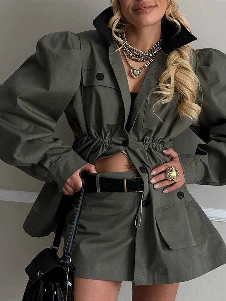 Stand Collar Multi Pockets Drawstring Waist Cinching Office Women Button Long Sleeve Casual Loose Coat Autumn Lady Leisure Coats dongdumaoyi