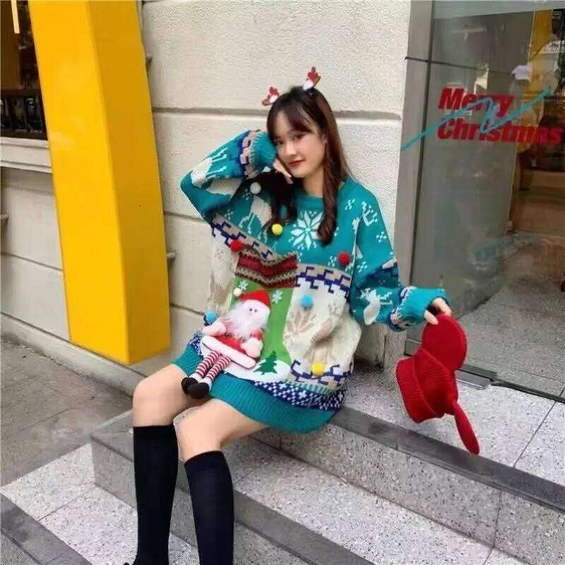 Autumn And Winter Christmas Red Three-Dimensional Cartoon Decorative Knitted Sweater Female Lazy Wind Loose Round Neck Pullover