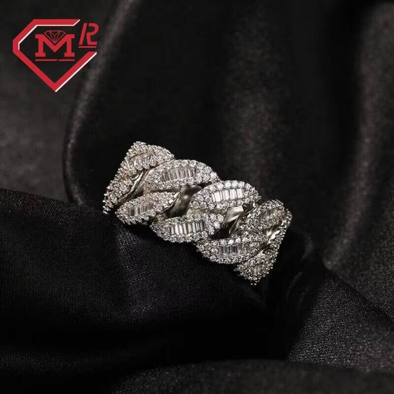 Hip Hop 13MM Baguette Cuban Rings Mens Cuban Ring 925 Sterling Silver Iced Out VVS Hip Hop Moissanite Ring
