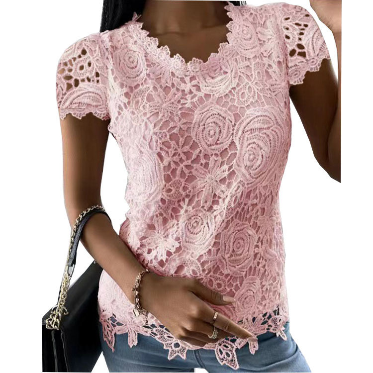 Summer New Women's Lace Blouse Short Sleeve Top