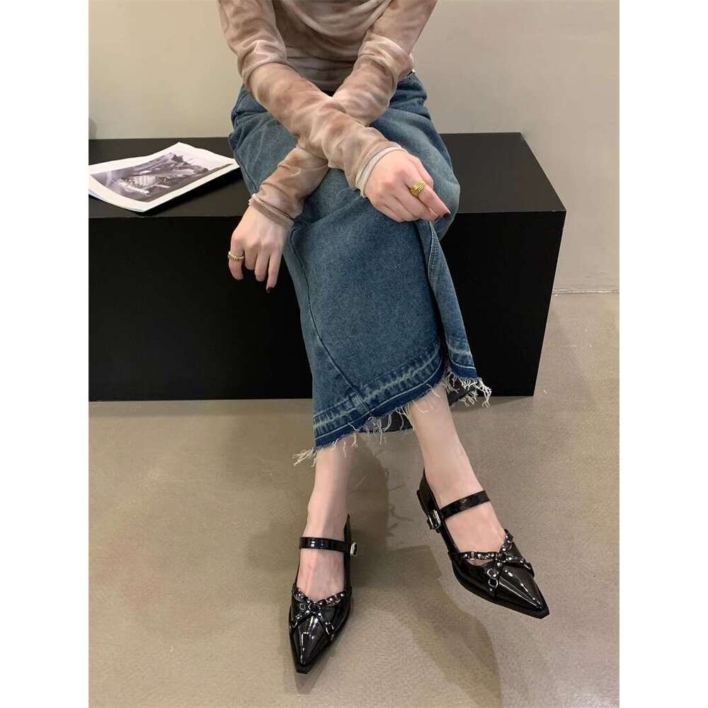 Punk Style Pointed Toe for Women 2025 New Spring Autumn Mary Jane Small Leather Niche Chunky Heel Black Designer Shoe Single Shoes