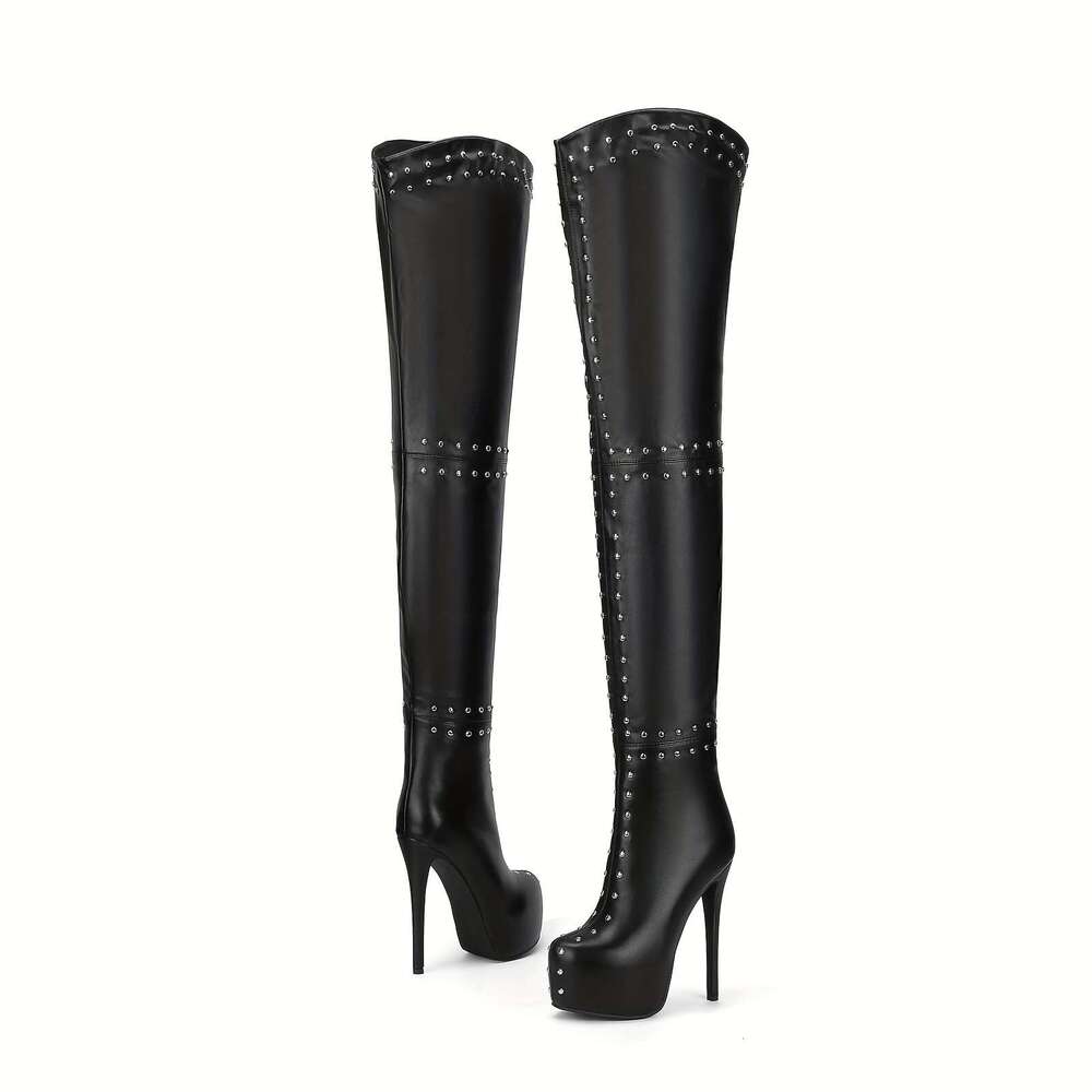 Women's Over-The-Knee With Sexy Platform Stiletto Heel Studded Detailing, These Tight, Black High Boots Are Designed To Make A Bold Fashion State
