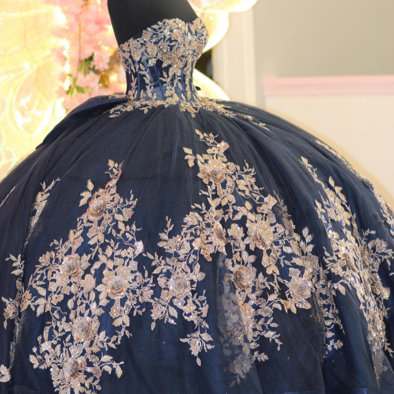 Black Quinceanera Dresses Ball Gown Off The Shoulder Applique Flower Beads Bow Corset Tull Party Birthday Sweet 16 Dress Vestidos 15 De Anos