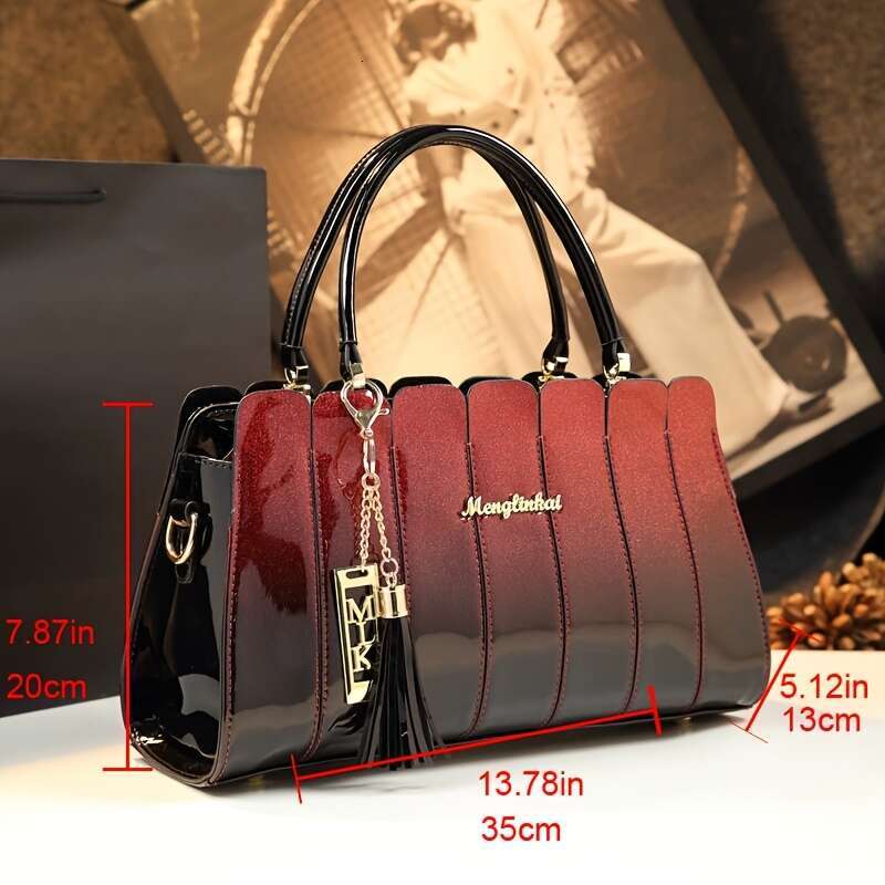 Stylish Patchwork Handbag Middle-Aged Women, Suitable For Mothers Grandmothers, Featuring A Glossy Finish And Versatile Design.