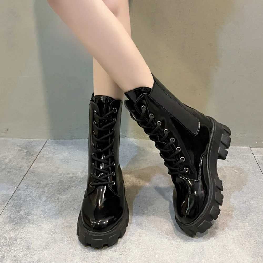 Pop Black Platform Combat Ankle Boots For Women Lace Up Strap Woman Thicken Winter Motorcycle boots W251024