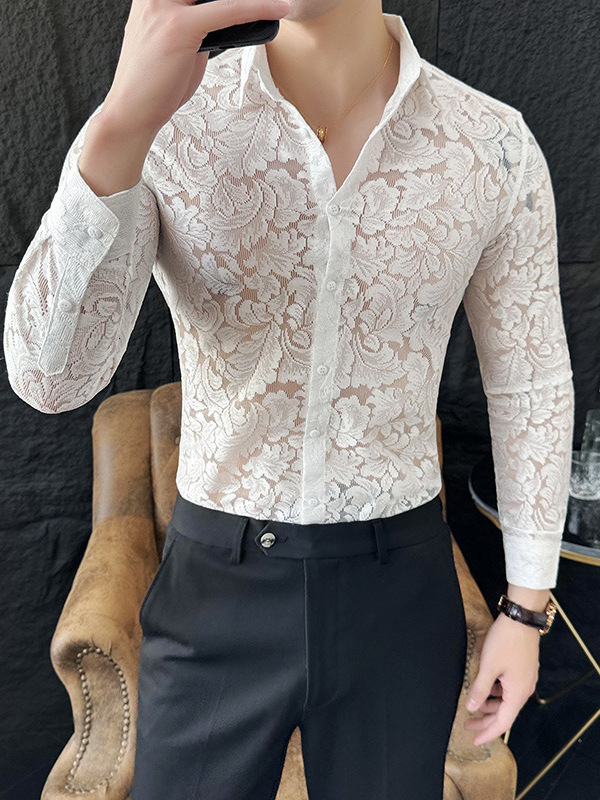 Quality Hollow Shirts For Men Korean Clothing Fashion Sexy Lace Mens Social Shirt Dress Slim Fit Long Sleeve Prom Tuxedo 250304